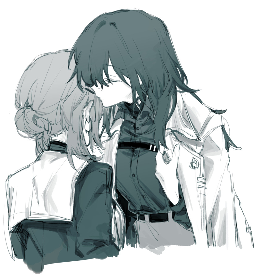 2girls, chief_(path_to_nowhere), closed_eyes, coat, coat_on_shoulders, collared_shirt, commentary, english_commentary
