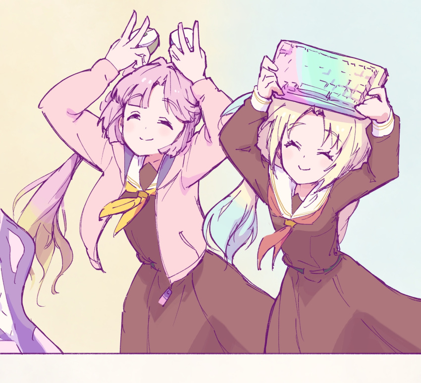 2girls, ^_^, anyoji_hime, arms_up, blonde_hair, blue_background, blue_hair, blunt_bangs