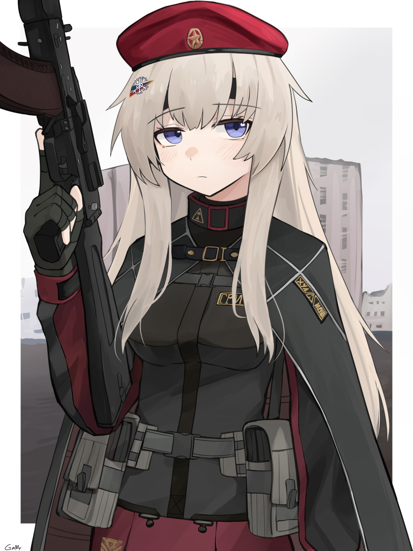 1girl, absurdres, ak-74m, ak74m_(girls'_frontline), assault_rifle, beret, breasts, building