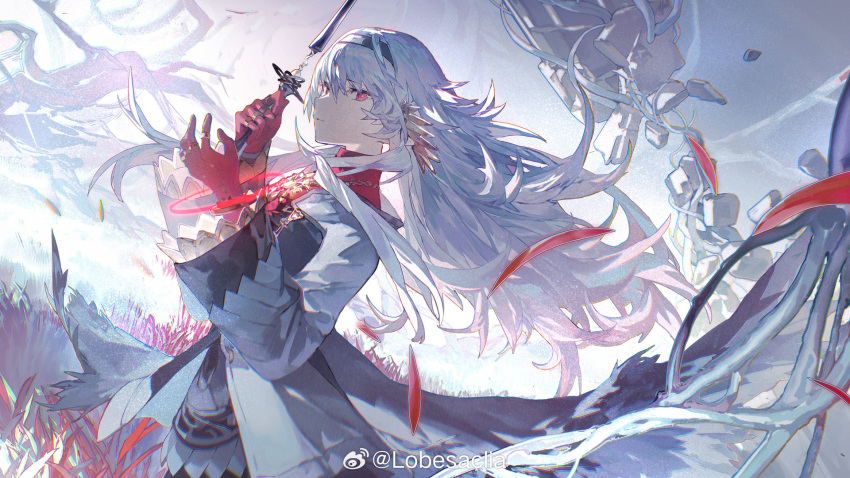 1girl, astero_(ex_astris), black_hairband, bright_pupils, chinese_commentary, closed_mouth, clouds, cloudy_sky