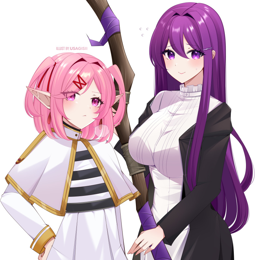 :<, absurdres, black_cloak, black_shirt, blush, bob_cut, breasts, breath