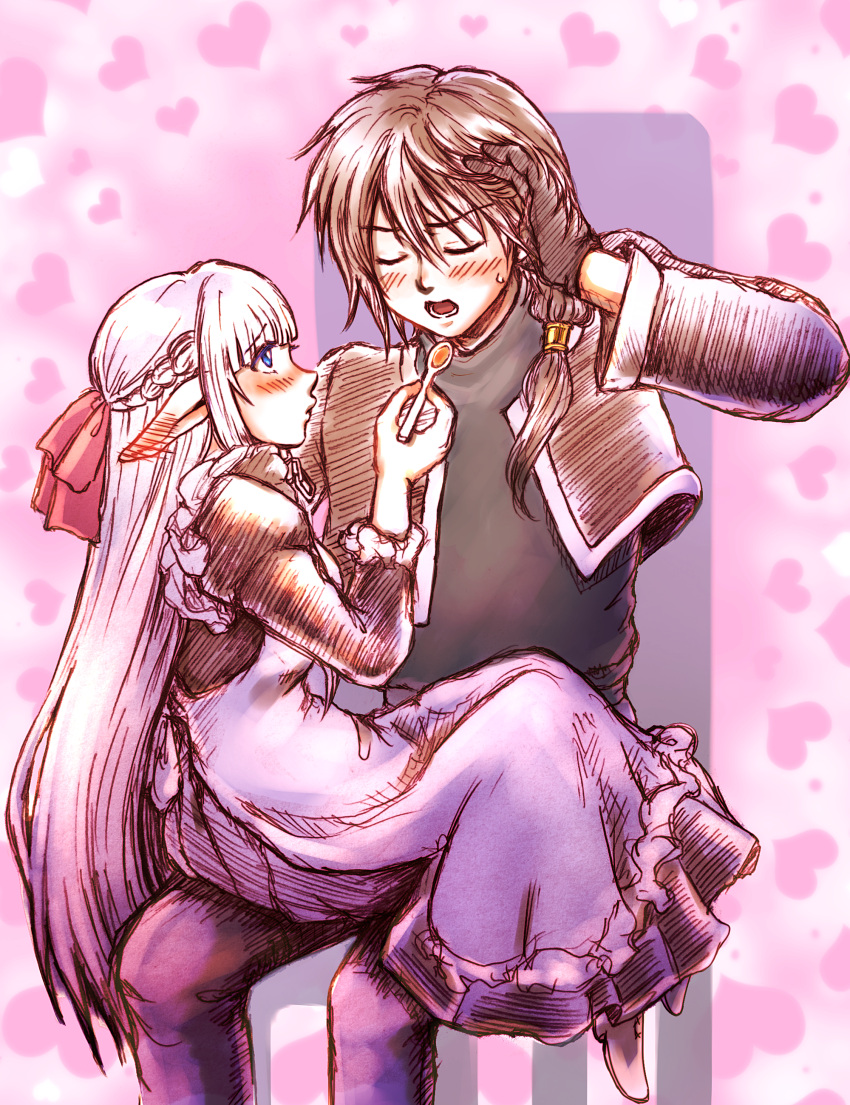 1boy, 1girl, absurdres, amitukichi, apron, black_dress, black_shirt, blue_eyes, blue_pants, blush, braid, brown_hair, brown_jacket, closed_eyes, dress, ear_blush, elf, eyebrows_hidden_by_hair, feeding, hair_between_eyes, hand_in_own_hair, heart, highres, holding, holding_spoon, jacket, juliet_sleeves, large_ribbon, long_hair, long_sleeves, looking_at_another, lower_teeth_only, maid, maid_apron, maou_no_ore_ga_dorei_elf_wo_yome_ni_shitanda_ga_dou_medereba_ii?, nephelia, open_mouth, pants, pointy_ears, puffy_sleeves, red_ribbon, ribbon, shirt, short_hair, sitting, sitting_on_lap, sitting_on_person, spoon, sweatdrop, teeth, very_long_hair, white_apron, white_hair, zagan_(maou_no_ore_ga)