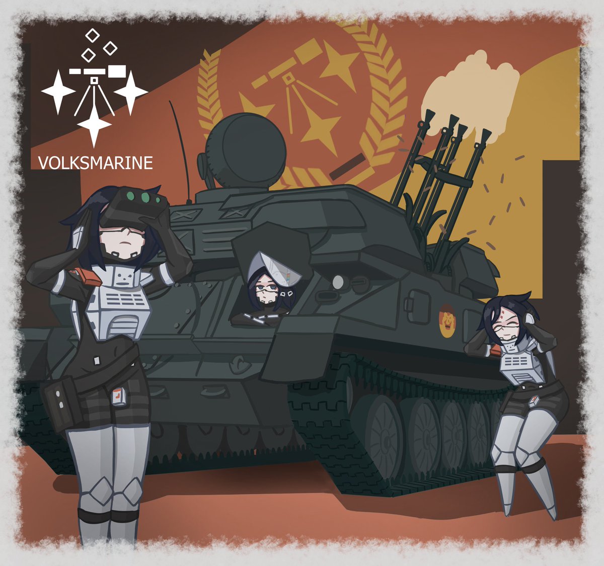 3girls, anti-aircraft_gun, ara_(signalis), armor, belt_pouch, binoculars, black_hair, covering_own_ears