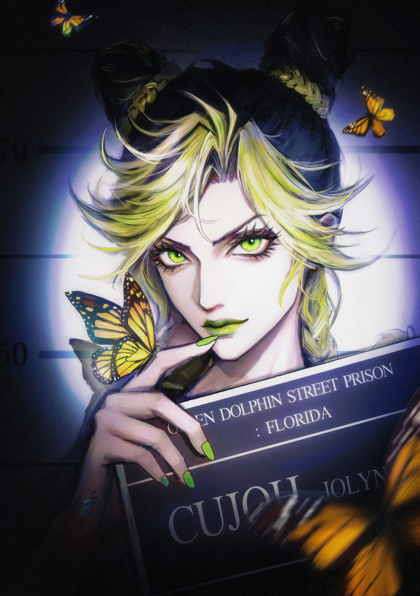 1girl, absurdres, aegyo_sal, black_hair, blonde_hair, braid, bug, butterfly, butterfly_on_hand, character_name, chinese_commentary, commentary_request, curtained_hair, double_bun, eyelashes, forehead, green_eyes, green_lips, green_nails, hair_bun, height_chart, highres, holding, holding_plate, jojo_no_kimyou_na_bouken, kujo_jolyne, looking_at_viewer, mugshot, multicolored_hair, nail_polish, partial_commentary, plate, solo, spotlight, two-tone_hair, upper_body, yellow_butterfly, yu_zhezhe