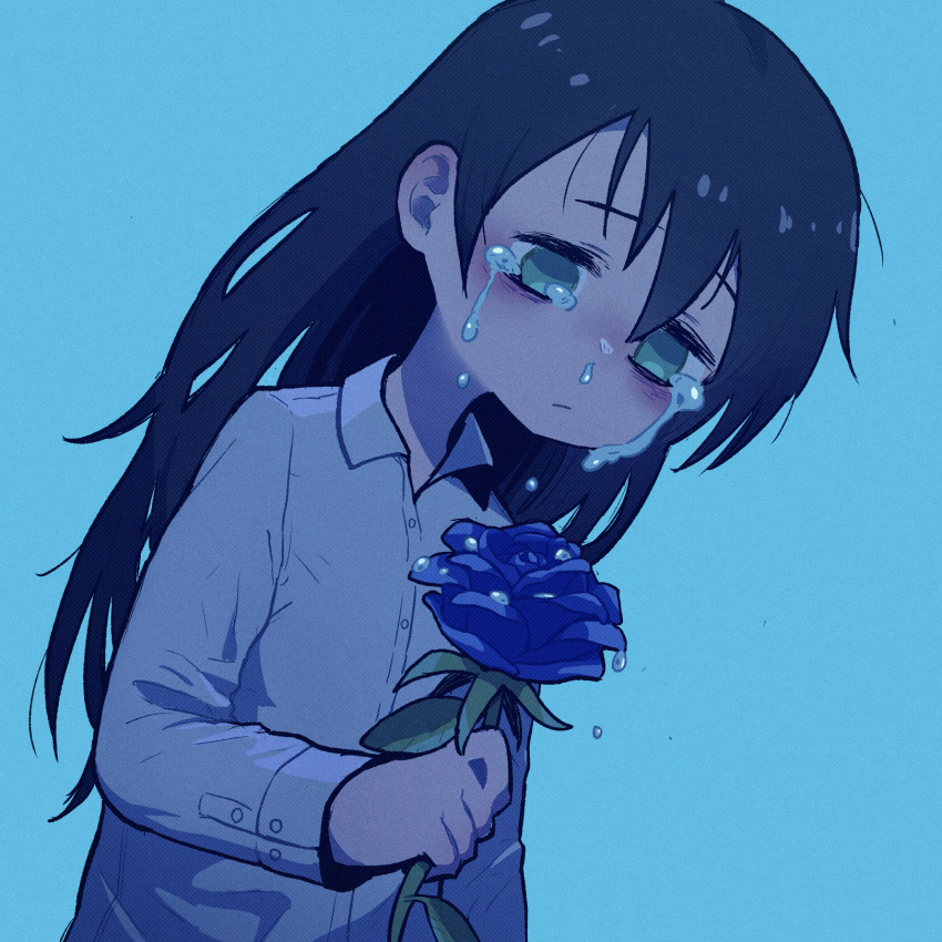 1girl, black_hair, blue_background, blush, collared_shirt, crying, flower, green_eyes