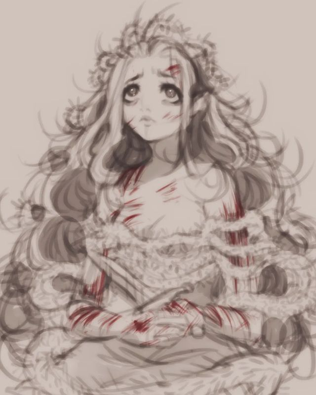 1girl, bleeding, blood, crown_of_thorns, holding, holding_blade, holding_knife, holding_weapon, knife, long_hair, looking_up, slay_the_princess, sleepywednesday, the_thorn_(slay_the_princess), thorns, very_long_hair, weapon