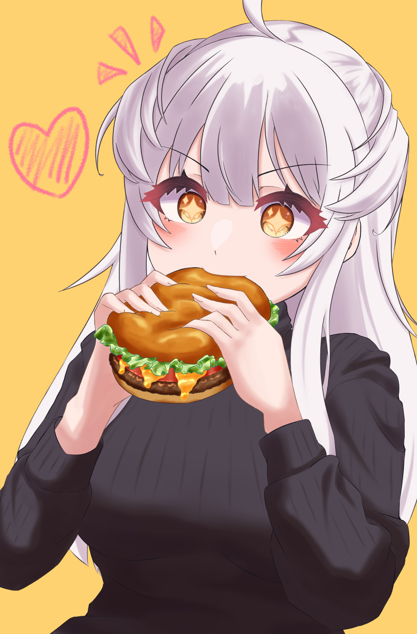 +_+, 1girl, absurdres, avatar_2.0_project, blush, burger, eating, food, heart, highres, holding, holding_burger, holding_food, long_hair, long_sleeves, machina4433, makino_monaka, solo, sweater, virtual_youtuber, white_hair, yellow_background, yellow_eyes