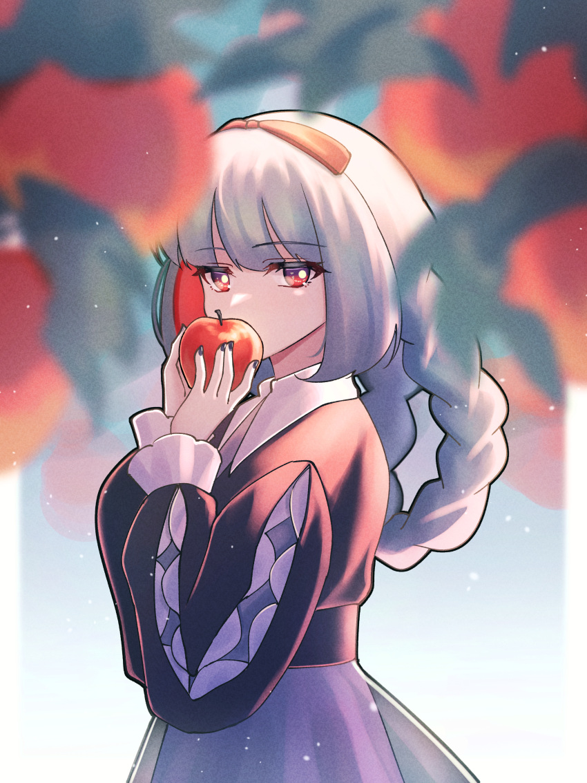 1girl, absurdres, apple, blurry, blurry_foreground, bow, braided_hair_rings, collared_shirt