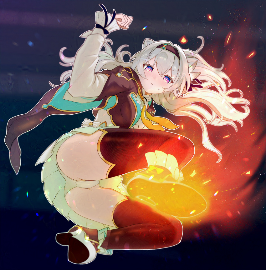 1girl, black_hairband, black_jacket, breasts, cropped_jacket, fire, firefly_(honkai:_star_rail), flaw_(4lmnis), grey_hair, hair_between_eyes, hairband, highres, honkai:_star_rail, honkai_(series), jacket, long_hair, long_sleeves, looking_at_viewer, medium_breasts, neckerchief, orange_neckerchief, panties, rider_kick, shoes, skirt, solo, two-tone_eyes, underwear, white_panties