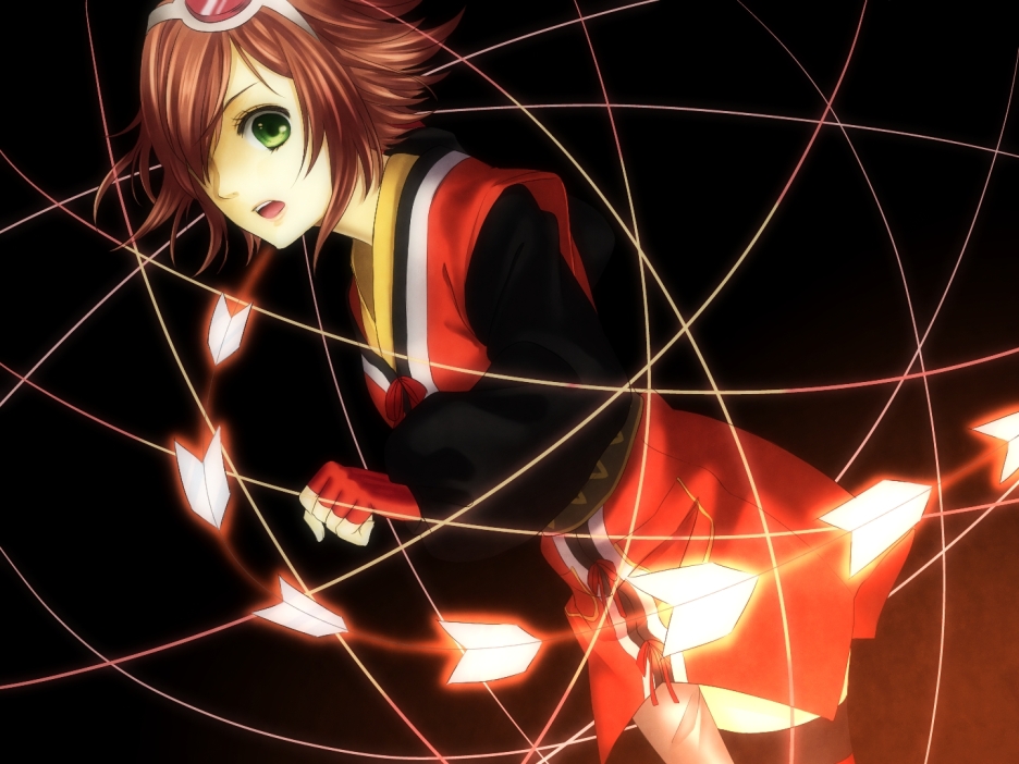 bad_id, black_background, dress, fingerless_gloves, gloves, green_eyes, lotter75, red_hair