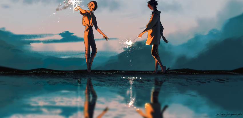 2boys, absurdres, fireworks, golden_hour, highres, multiple_boys, mysta_rias, nijisanji