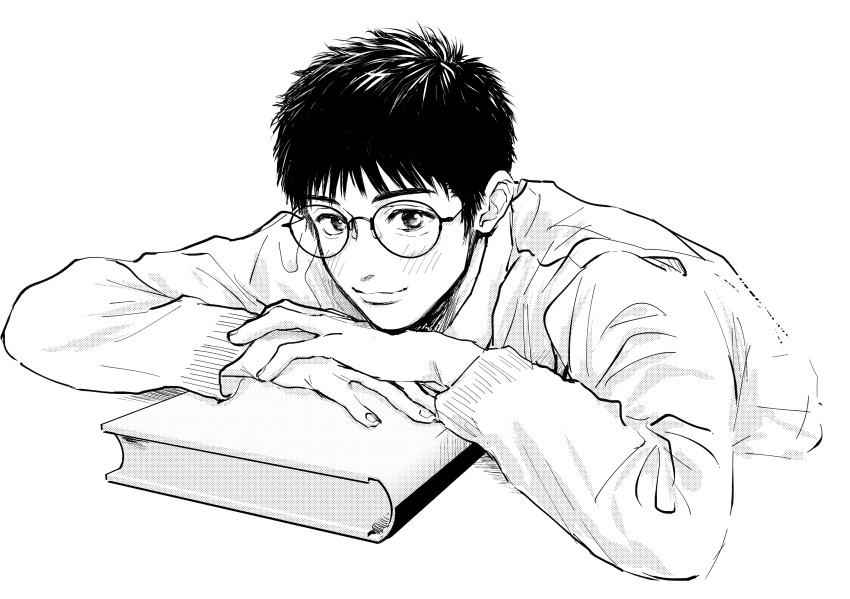 1boy, absurdres, blush, book, glasses, head_rest, highres, kogure_kiminobu, looking_at_viewer, male_focus, short_hair, simple_background, slam_dunk_(series), smile, solo, upper_body, yao0597