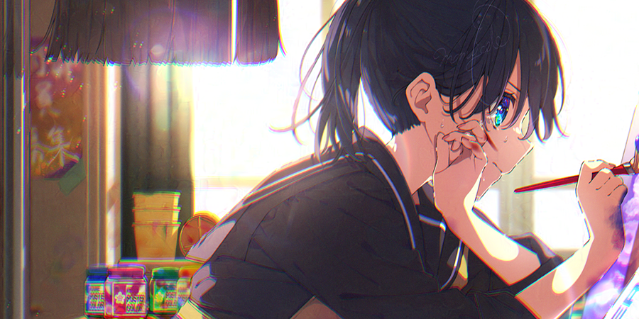 1girl, :|, apron, black_hair, black_sailor_collar, black_shirt, blue_eyes, closed_mouth