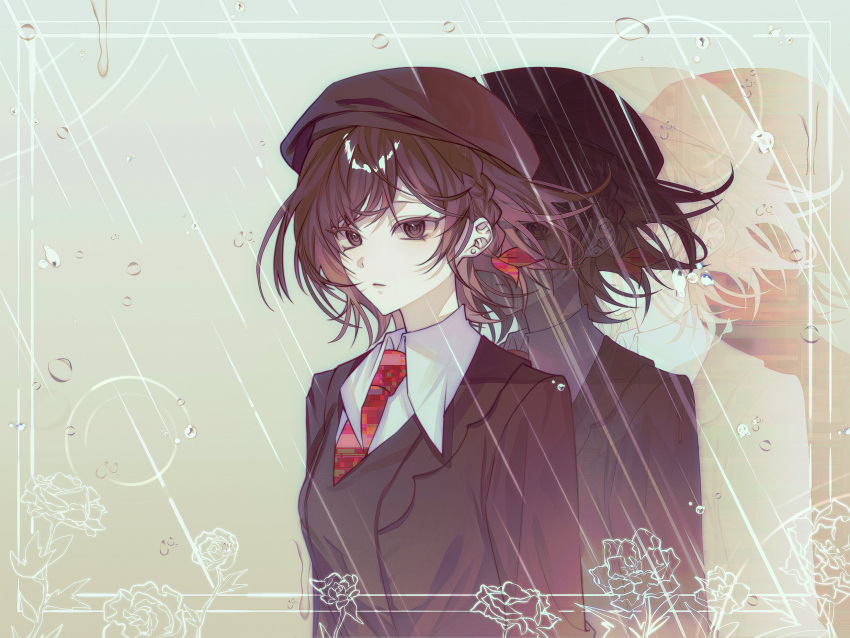1girl, :|, arms_at_sides, beret, black_hat, black_jacket, border, bow