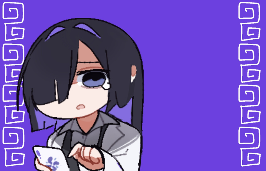 1girl, a.i._voice, black_hair, cellphone, chibi, chinese_commentary, coat, collared_shirt