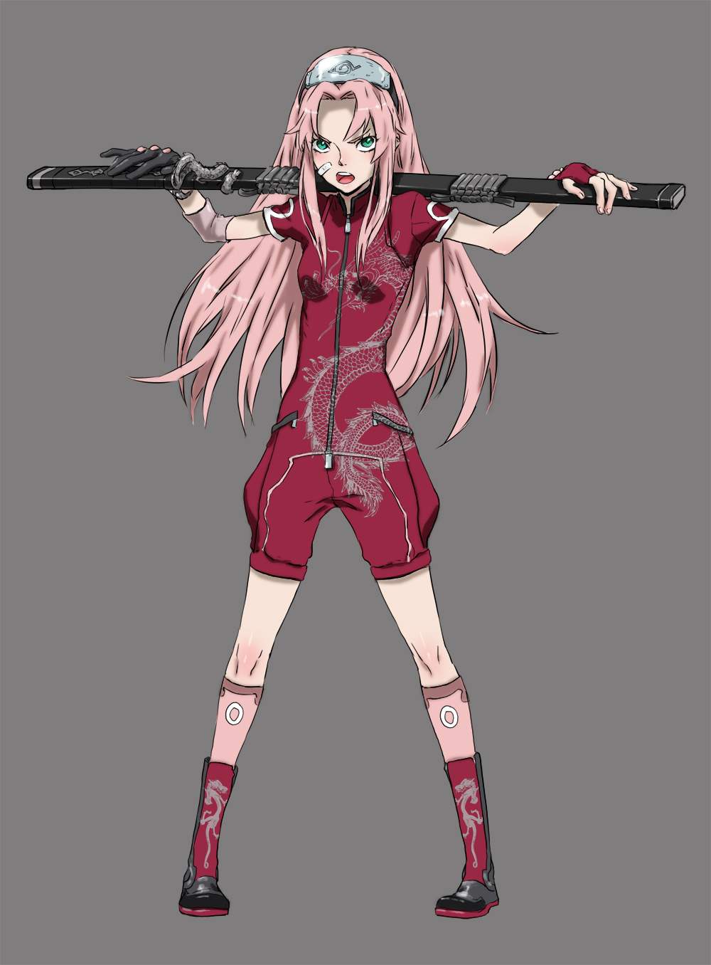angry, fingerless_gloves, forehead_protector, gloves, haruno_sakura, highres, katana, long_hair