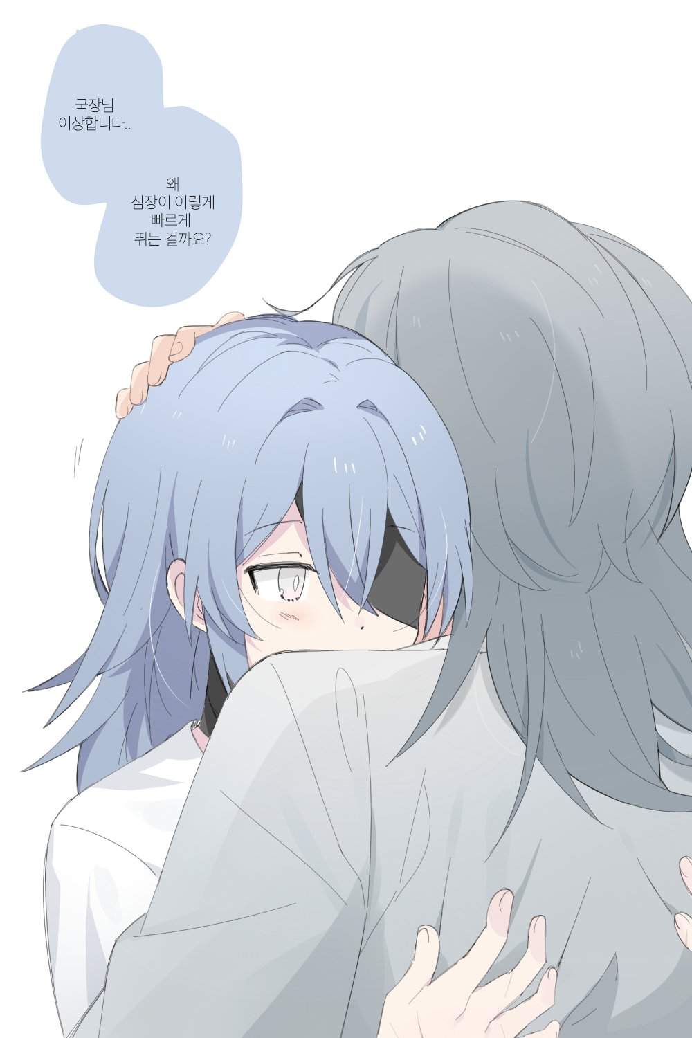 2girls, black_blindfold, black_choker, blindfold, blue_hair, chief_(path_to_nowhere), choker, coat