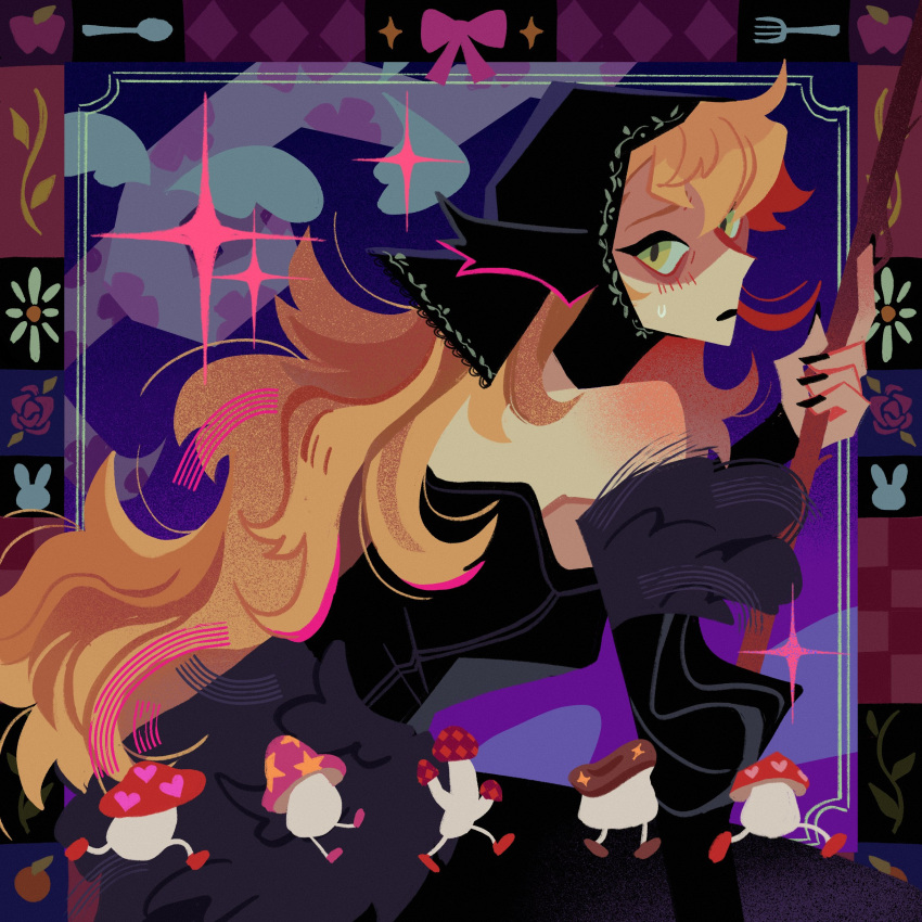 1girl, absurdres, bare_shoulders, black_dress, black_nails, blonde_hair, border, commentary, detached_sleeves, dress, dungeon_meshi, ear_covers, english_commentary, fork, from_side, fur-trimmed_sleeves, fur_trim, green_eyes, highres, holding, holding_wand, long_hair, maplebars, marcille_donato, marcille_donato_(lord), mushroom, nail_polish, solo, spoon, wand