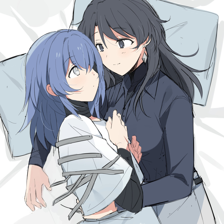 2girls, absurdres, black_blindfold, black_eyes, black_hair, black_shirt, blindfold, blue_hair