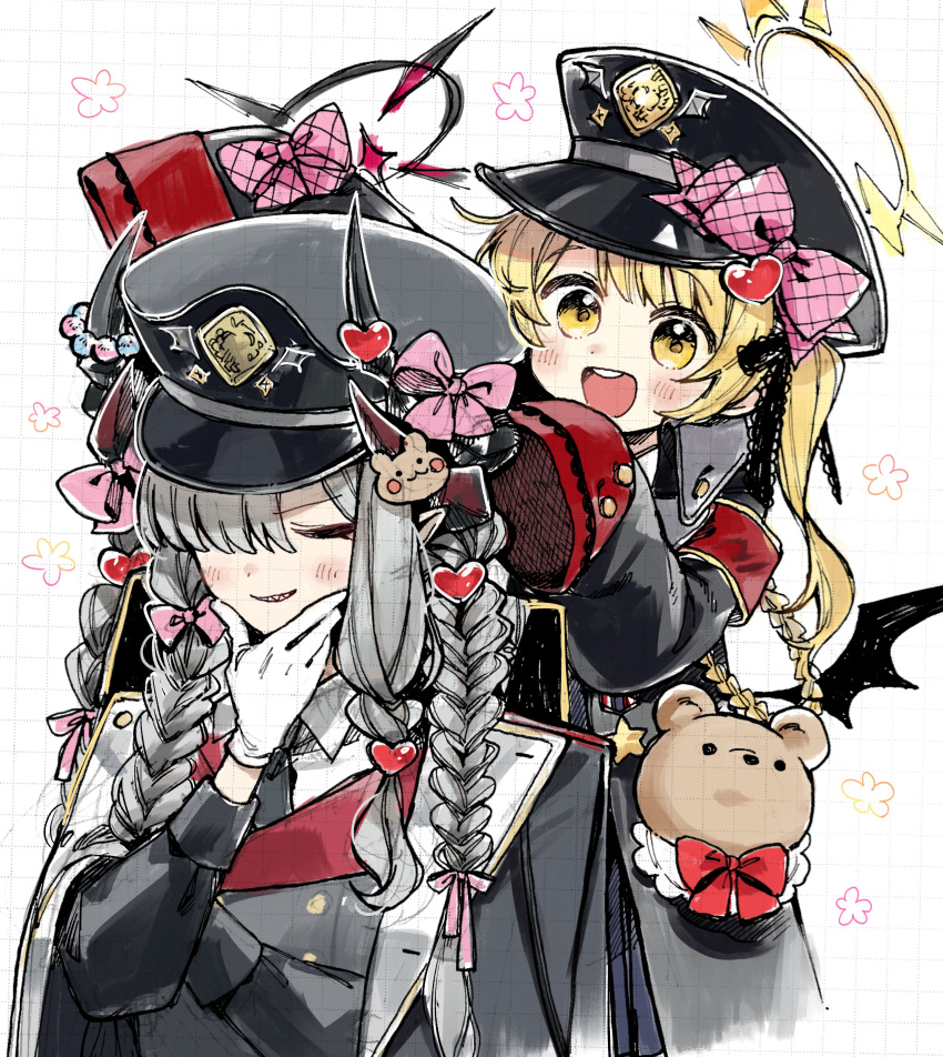 2girls, absurdres, alternate_hairstyle, armband, black_coat, black_necktie, black_ribbon, blonde_hair
