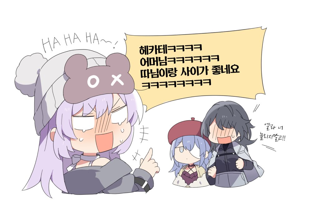 3girls, beanie, black_hair, black_shirt, blue_hair, blush, chief_(path_to_nowhere), coat