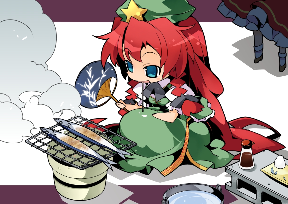 blue_eyes, blush_stickers, bucket, drooling, fan, fish, flandre_scarlet, grill