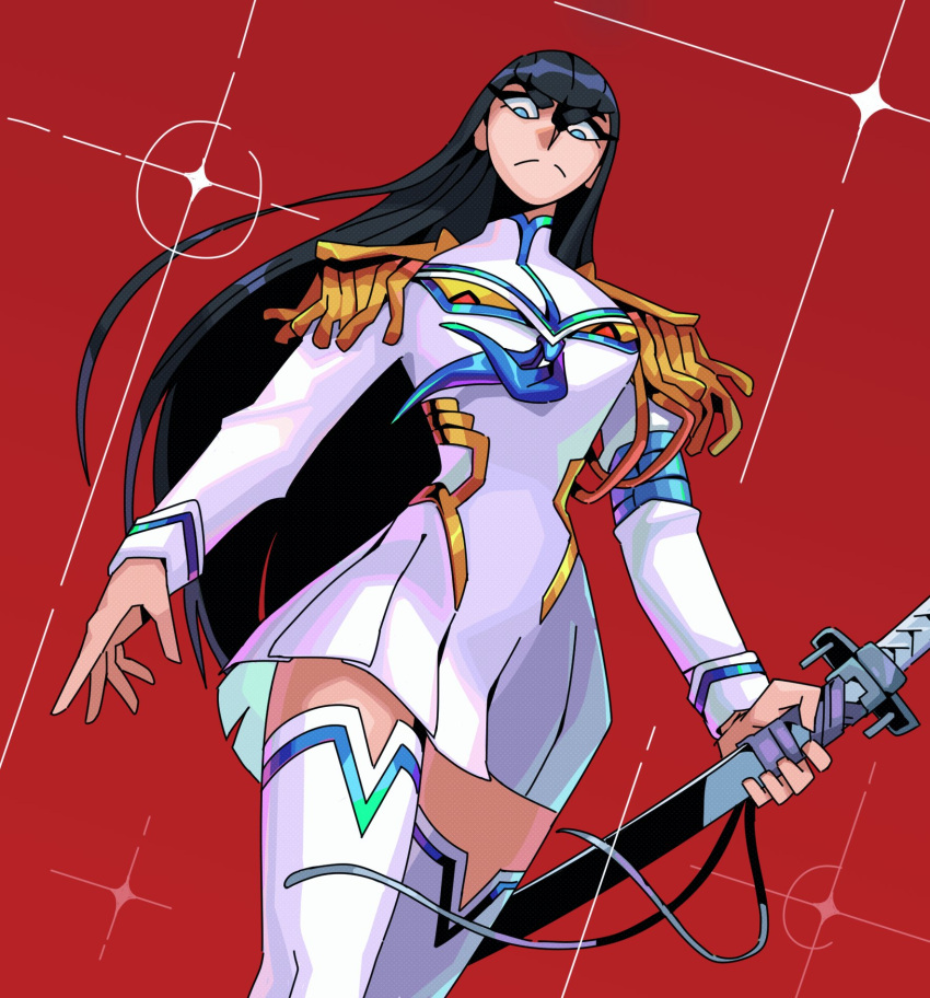 1girl, bakuzan, black_hair, blue_eyes, blue_necktie, boots, caranvolo, dress, dutch_angle, epaulettes, from_below, highres, holding, holding_sword, holding_weapon, katana, kill_la_kill, kiryuuin_satsuki, long_hair, necktie, pleated_dress, red_background, sheath, sheathed, short_dress, solo, sword, thigh_boots, weapon, white_dress, white_footwear