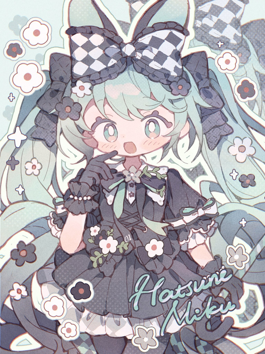 1girl, animal_ears, arm_at_side, black_bow, black_dress, black_gloves, black_thighhighs, blue_hair