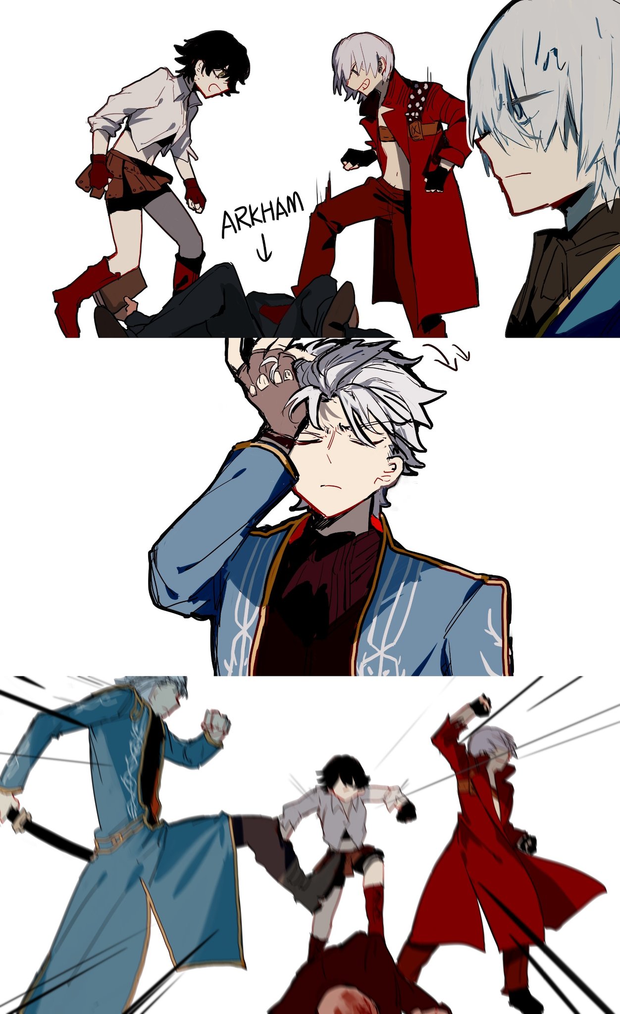 1girl, 3boys, abbacchio_joins_the_kicking_(meme), arkham, black_gloves, blue_coat, blue_eyes, closed_mouth, coat, dante_(devil_may_cry), devil_may_cry_(series), devil_may_cry_3, fingerless_gloves, gloves, hair_slicked_back, he_(minty), highres, holding, holding_sword, holding_weapon, katana, lady_(devil_may_cry), male_focus, meme, multiple_boys, sword, thigh_strap, vergil_(devil_may_cry), weapon, white_hair, yamato_(sword)