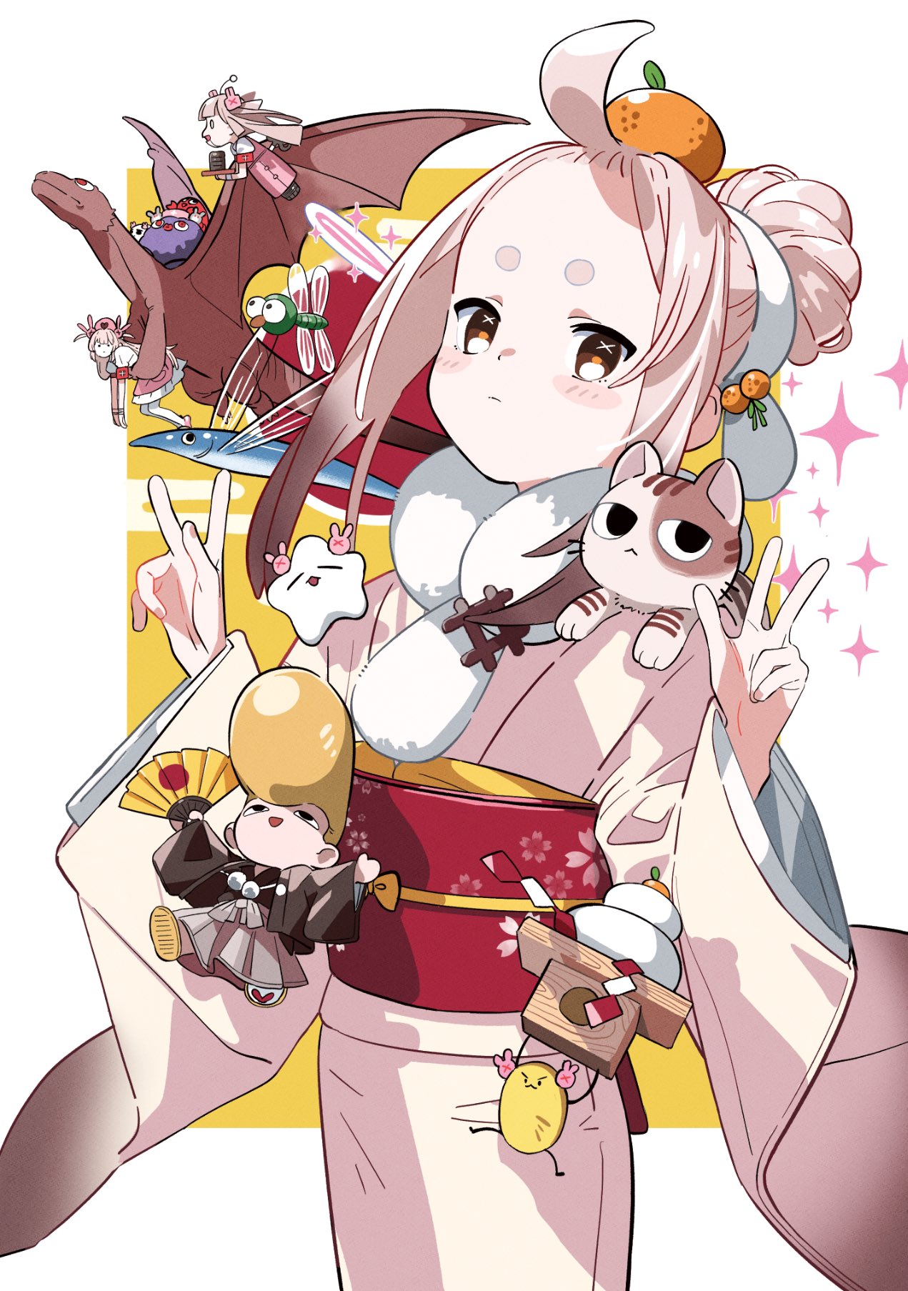 1boy, 2girls, ahoge, alternate_costume, animal_on_shoulder, bangs_pinned_back, blush, border