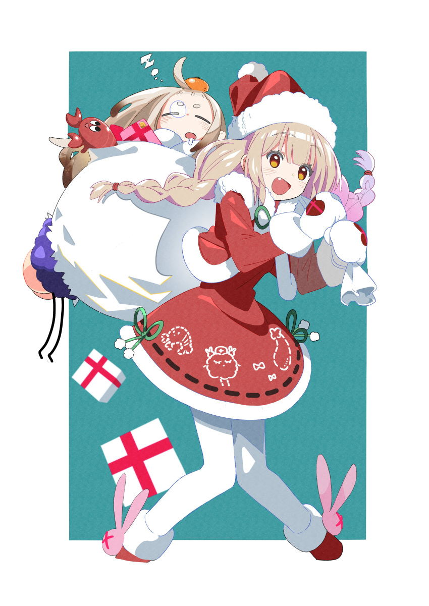2girls, absurdres, ahoge, bangs_pinned_back, blonde_hair, border, braid, brown_eyes