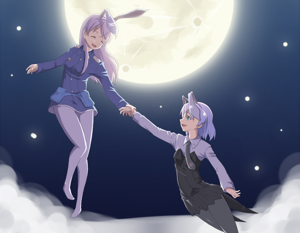 bunny_ears, closed_eyes, eila_ilmatar_juutilainen, gray_pantyhose, green_eyes, holding_hands, komakedara, long_hair