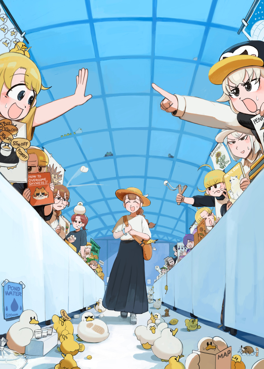 6+girls, :<, :d, :o, absurdres, ahoge, alternate_costume, bag, banana, bird, black_scarf, black_shirt, black_skirt, blonde_hair, blue_eyes, blue_shirt, book, braid, brown_bag, brown_eyes, brown_hair, casual, character_request, chicken, closed_eyes, clumsy_nun_(diva), comitia, comitia_149, diva_(hyxpk), duck, duck_on_head, duckling, earthworm, eating, flower_(diva), food, freckles, froggy_nun_(diva), fruit, glasses, glasses_nun_(diva), green_hat, grey_hair, hat, highres, holding, holding_book, hungry_nun_(diva), lemon, little_nuns_(diva), long_hair, long_skirt, manatee_keeper_(diva), marshmallow, mole_(animal), mouse_(animal), multiple_girls, penguin_hat, penguin_keeper_(diva), pigeon, pointing, polar_bear_keeper_(diva), ponytail, purple_hair, round_eyewear, scarf, sea_otter_keeper_(diva), seal_keeper_(diva), seal_puppet, sheep_nun_(diva), shirt, short_hair, shoulder_bag, shy, single_braid, skirt, slingshot_(weapon), smile, spicy_nun_(diva), stuffed_seal, sun_(diva), sunflower_(diva), t-shirt, textless_version, tongue, tongue_out, white_shirt, yellow_eyes, yellow_hat, yellow_shirt, zookeepers_(diva)