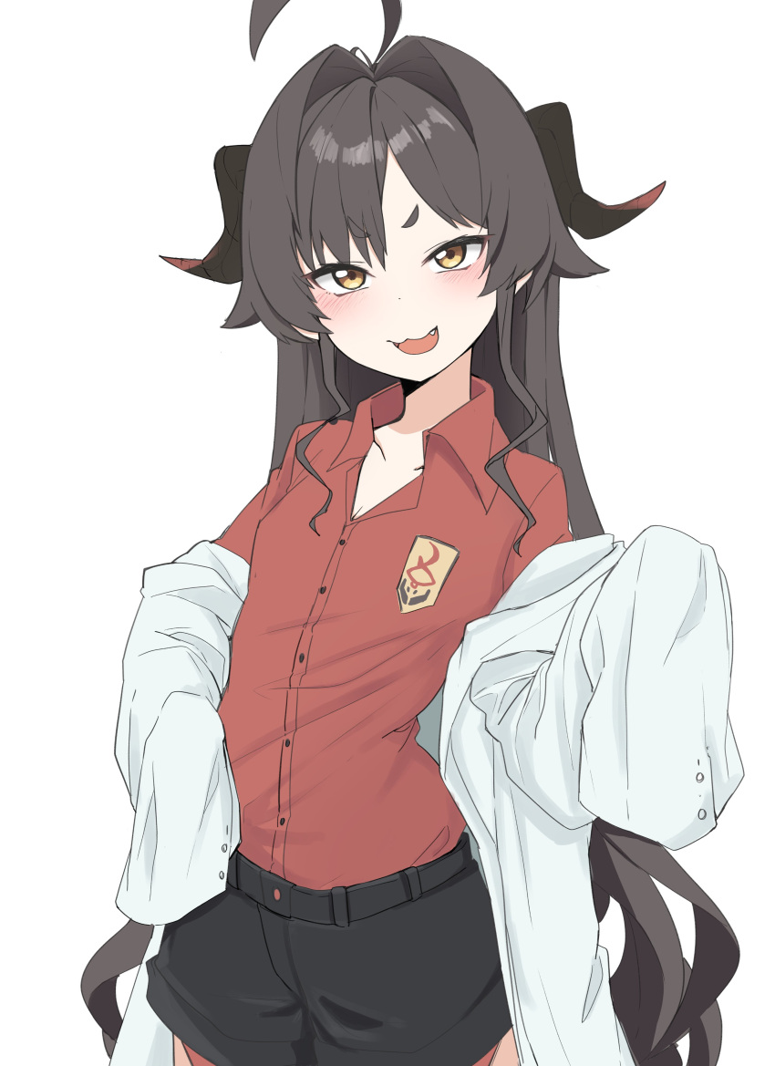 1girl, absurdres, ahoge, black_hair, black_shorts, blue_archive, blush, brown_eyes