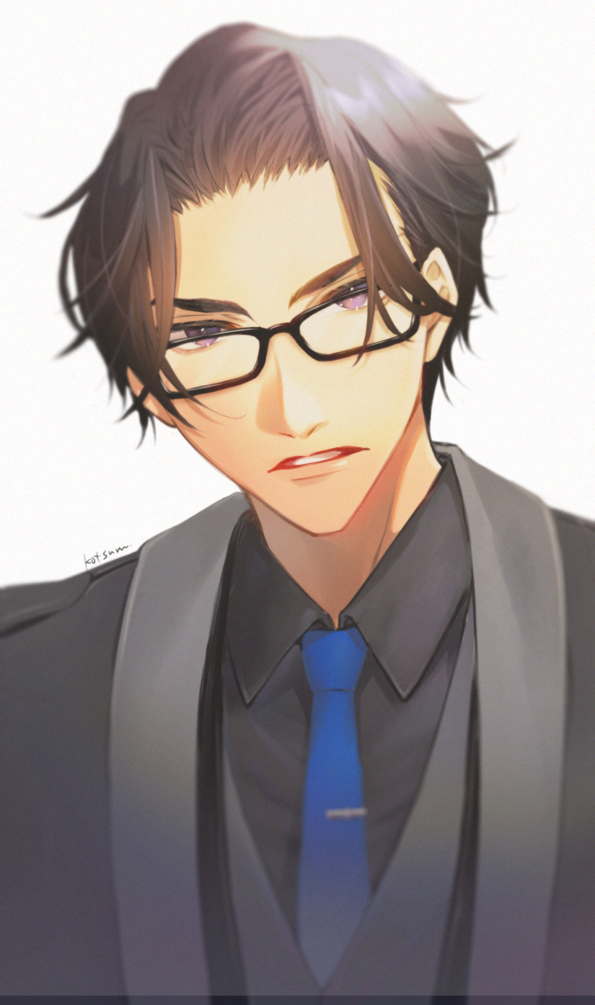 1boy, black-framed_eyewear, black_hair, black_jacket, black_shirt, blue_necktie, collared_shirt, commentary_request