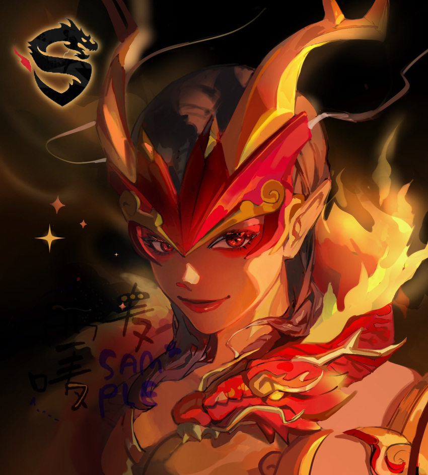 1girl, black_background, brown_hair, close-up, closed_mouth, dark-skinned_female, dark_skin, dragon