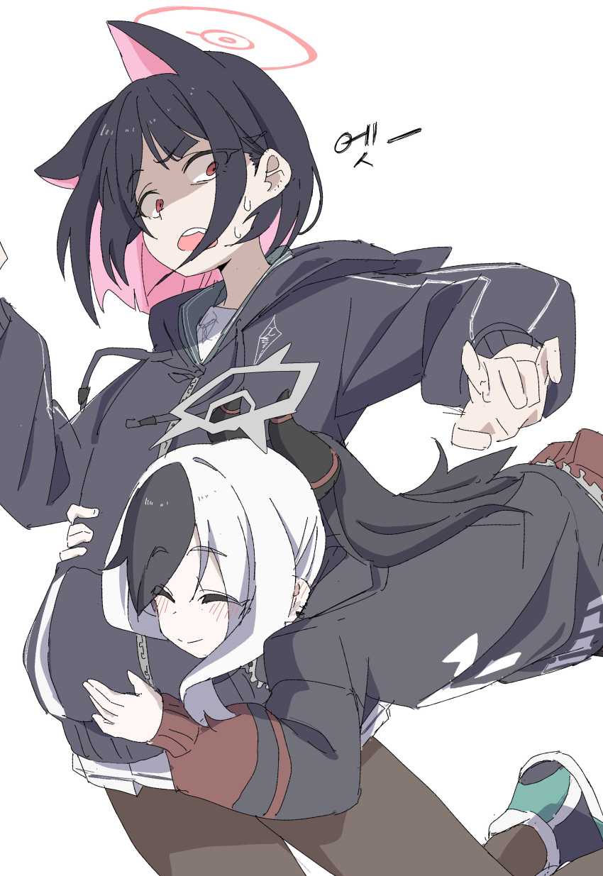 2girls, absurdres, animal_ears, black_hair, black_jacket, black_pantyhose, blue_archive, blush