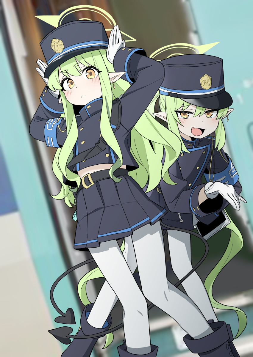 2girls, absurdres, armband, black_footwear, black_hat, black_jacket, black_shorts, black_skirt, blue_archive, blue_armband, blurry, blurry_background, blush, boots, closed_mouth, demon_tail, earrings, ggaebchun, gloves, green_hair, halo, hat, highres, hikari_(blue_archive), jacket, jewelry, long_hair, long_sleeves, looking_at_viewer, multiple_girls, nozomi_(blue_archive), open_mouth, pantyhose, pleated_skirt, pointy_ears, shorts, sidelocks, single_earring, skirt, tablet_pc, tail, twintails, very_long_hair, white_gloves, white_pantyhose, yellow_eyes