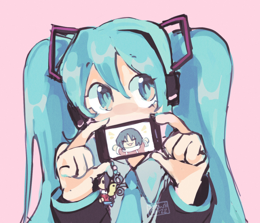 2girls, aqua_eyes, aqua_hair, aqua_necktie, black_sleeves, blue_hair, blush, cellphone