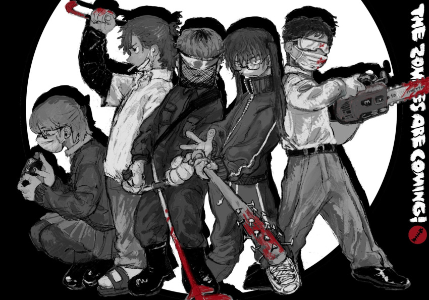 1girl, 4boys, belt, black_belt, black_footwear, black_jacket, blood, blood_on_weapon