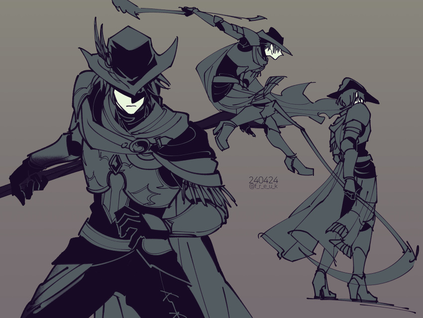 1girl, androgynous, armor, black_eyes, black_gloves, black_hat, black_pants, breastplate, cape, cowboy_shot, dated, f_r_e_u_k, final_fantasy, final_fantasy_xiv, full_body, gloves, grey_background, grey_cape, grey_hair, hat, highres, holding, holding_scythe, leg_up, looking_at_viewer, monochrome, multiple_views, one_eye_covered, pants, pauldrons, reaper_(final_fantasy), reverse_trap, scythe, shaded_face, short_hair, shoulder_armor, simple_background, single_pauldron, standing, tricorne, twitter_username, vambraces, zero_(ff14)