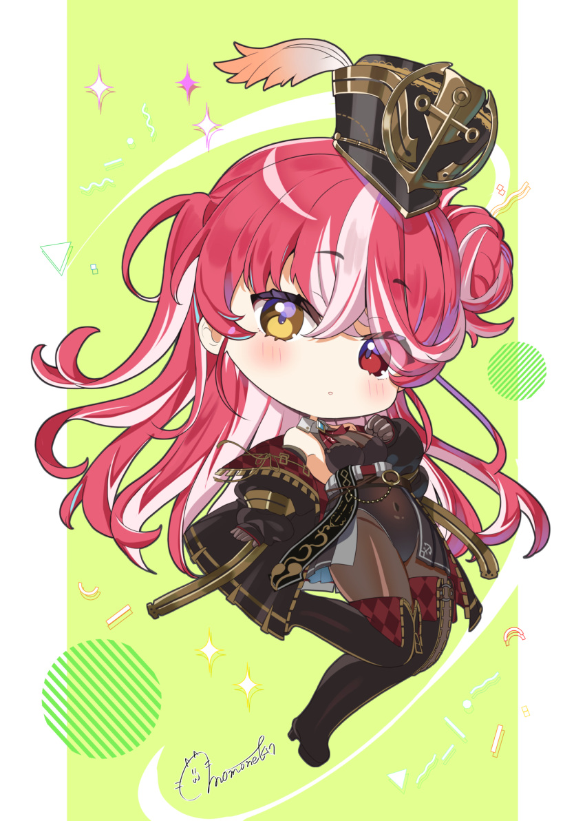 1girl, black_jacket, black_leotard, black_skirt, blush, bodystocking, boots, chibi, chibi_only, commentary_request, covered_navel, full_body, gold_trim, green_background, grey_hair, hair_bun, hat, heterochromia, high_heel_boots, high_heels, highres, hololive, houshou_marine, houshou_marine_(marching_band), jacket, lace-trimmed_leotard, lace_trim, leotard, long_hair, long_sleeves, looking_at_viewer, momone_cco, multicolored_hair, official_alternate_costume, official_alternate_hairstyle, one_side_up, plume, puffy_long_sleeves, puffy_sleeves, red_eyes, redhead, shako_cap, showgirl_skirt, side_up_bun, signature, single_side_bun, skin_tight, skirt, solo, strapless, strapless_leotard, streaked_hair, thigh_boots, two-sided_fabric, two-sided_jacket, underbust, very_long_hair, virtual_youtuber, yellow_eyes