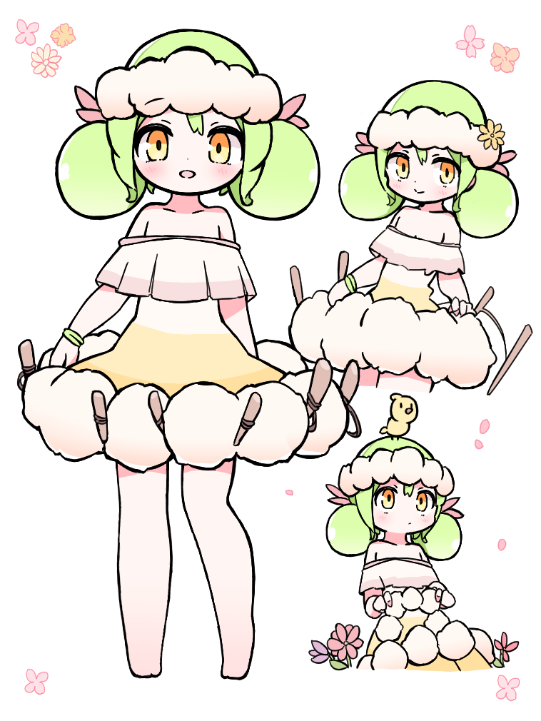 1girl, animal_on_head, bare_shoulders, bird, bird_on_head, blush, bracelet, collarbone, cotton_(plant), dot_nose, double_bun, flora_(pop'n), flower, full_body, green_hair, hair_bun, jewelry, kiosk_(artist), looking_at_viewer, multiple_views, on_head, open_mouth, orange_eyes, pink_flower, pop'n_music, standing