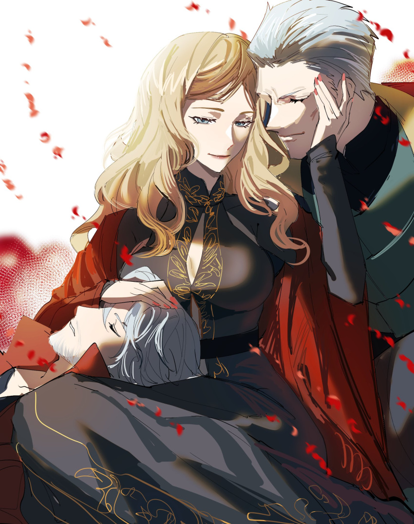 1girl, 2boys, blonde_hair, blue_eyes, blush, breasts, brothers, closed_mouth