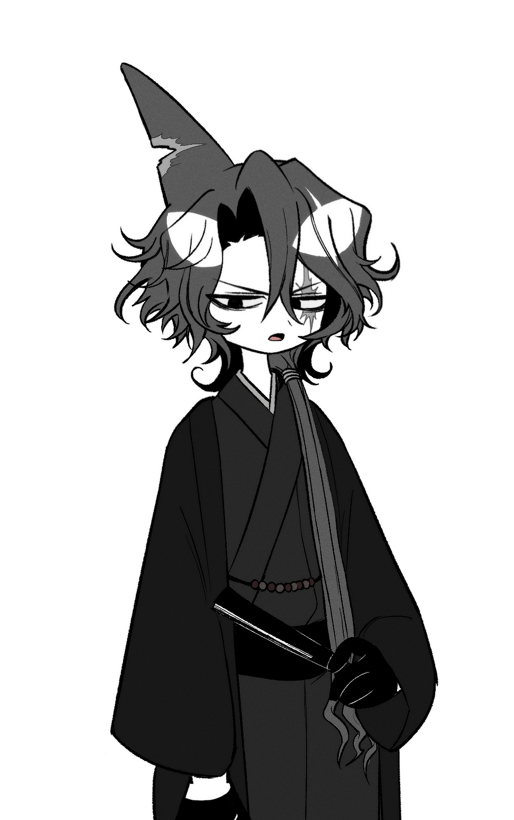 1boy, black_coat, black_gloves, black_hair, black_kimono, black_sash, coat, fins, funamusea, gloves, haori, head_fins, highres, japanese_clothes, kimono, long_hair, long_sleeves, looking_at_viewer, low_ponytail, male_focus, old_(funamusea), oounabara_to_wadanohara, open_mouth, parted_bangs, sash, scar, scar_across_eye, shark_boy, simple_background, solo, ssaeeb_0, very_long_hair, white_background, wide_sleeves, yukata