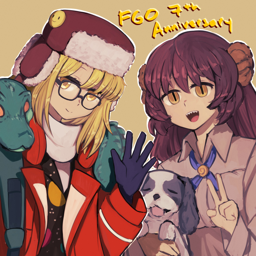 2girls, absurdres, animal, animal_on_shoulder, black-framed_eyewear, blonde_hair, brown_hair, commentary
