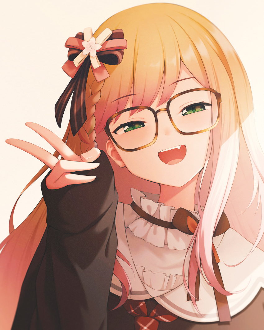 1girl, black_shirt, black_sleeves, braid, checkered_necktie, choker, collared_shirt, fang, floral_bow_hair_ornament, frilled_choker, frills, glasses, green_eyes, highres, hololive, looking_at_viewer, marunami_fuji, momosuzu_nene, necktie, orange_hair, sailor_collar, shirt, single_braid, sleeves_past_wrists, solo, straight-on, v, virtual_youtuber, white_background, white_undershirt
