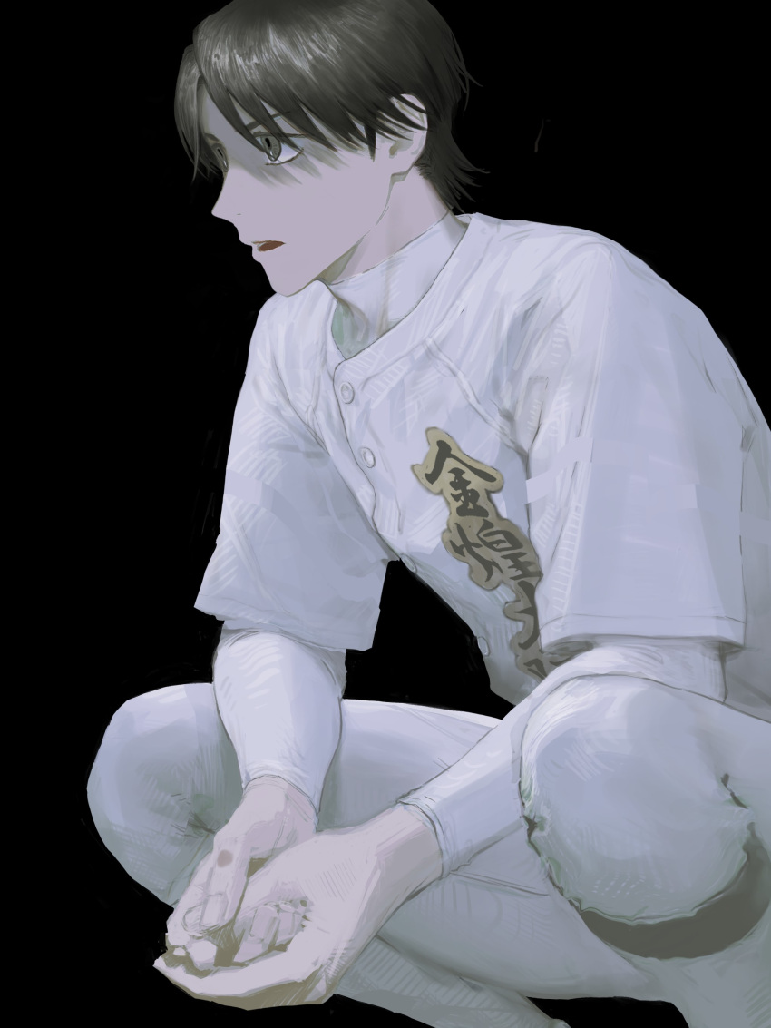 1boy, absurdres, baseball_uniform, black_eyes, black_hair, diamond_no_kouzai, highres, kedamamogumogu, long_sleeves, male_focus, own_hands_together, pants, shirt, short_hair, solo, sportswear, squatting, tougou_hina, white_pants, white_shirt