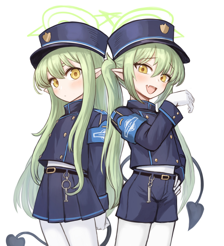 2girls, armband, black_hat, black_jacket, black_shorts, blue_archive, blush, breasts