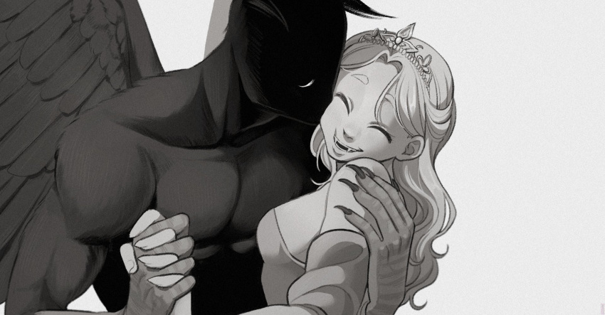 1boy, 1girl, arm_around_shoulder, arm_on_another's_shoulder, dress, highres, holding_hands, princess_(slay_the_princess)